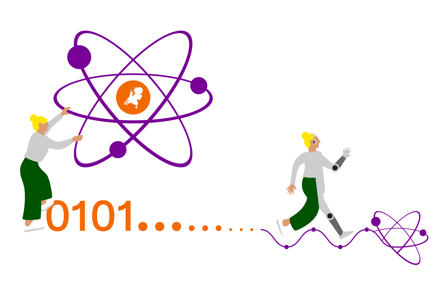 Figure holding atom with 0101 numbering leading to figure walking on trail of atom