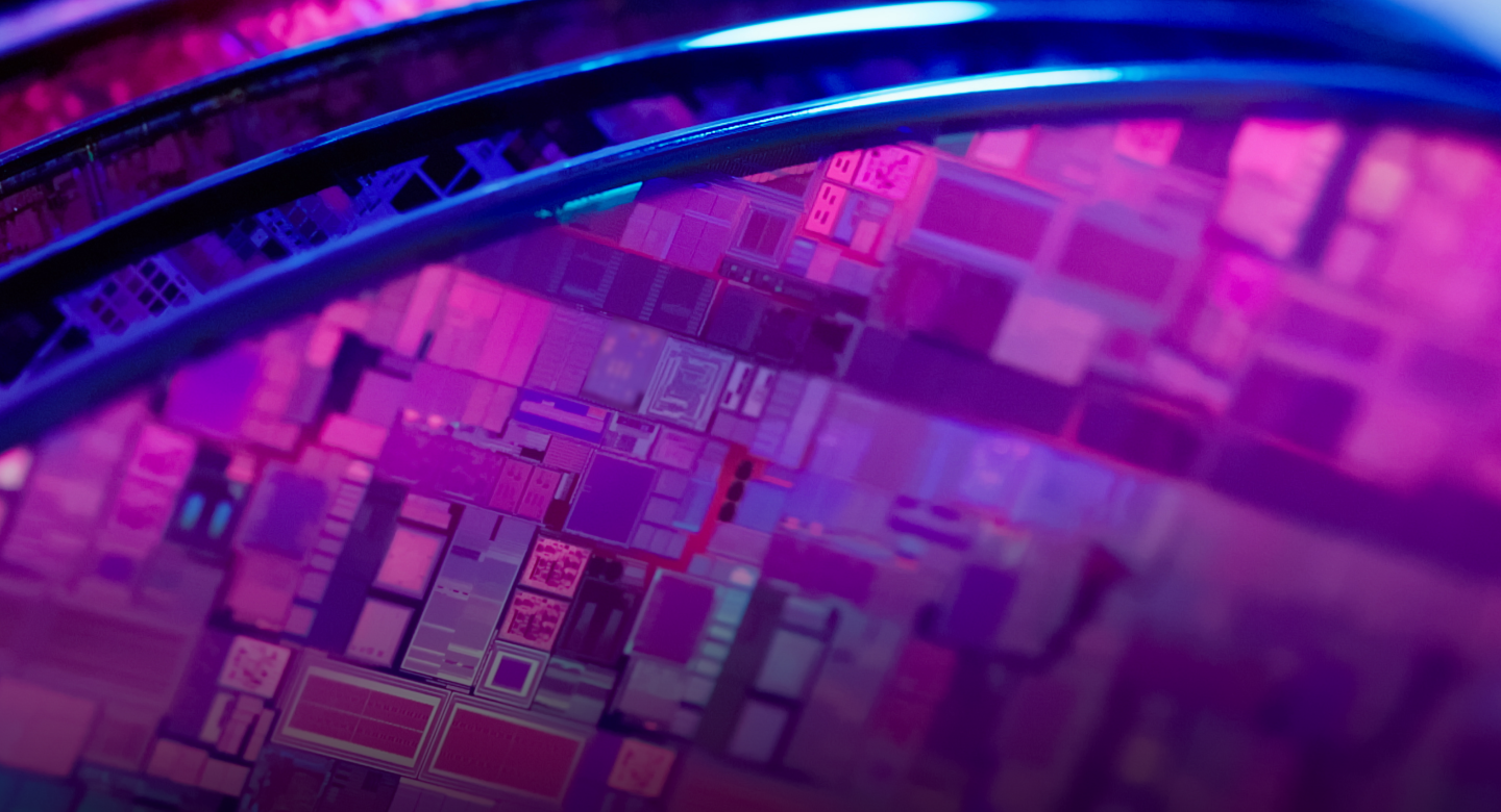 Macro of many silicon wafers with semiconductors in clean room