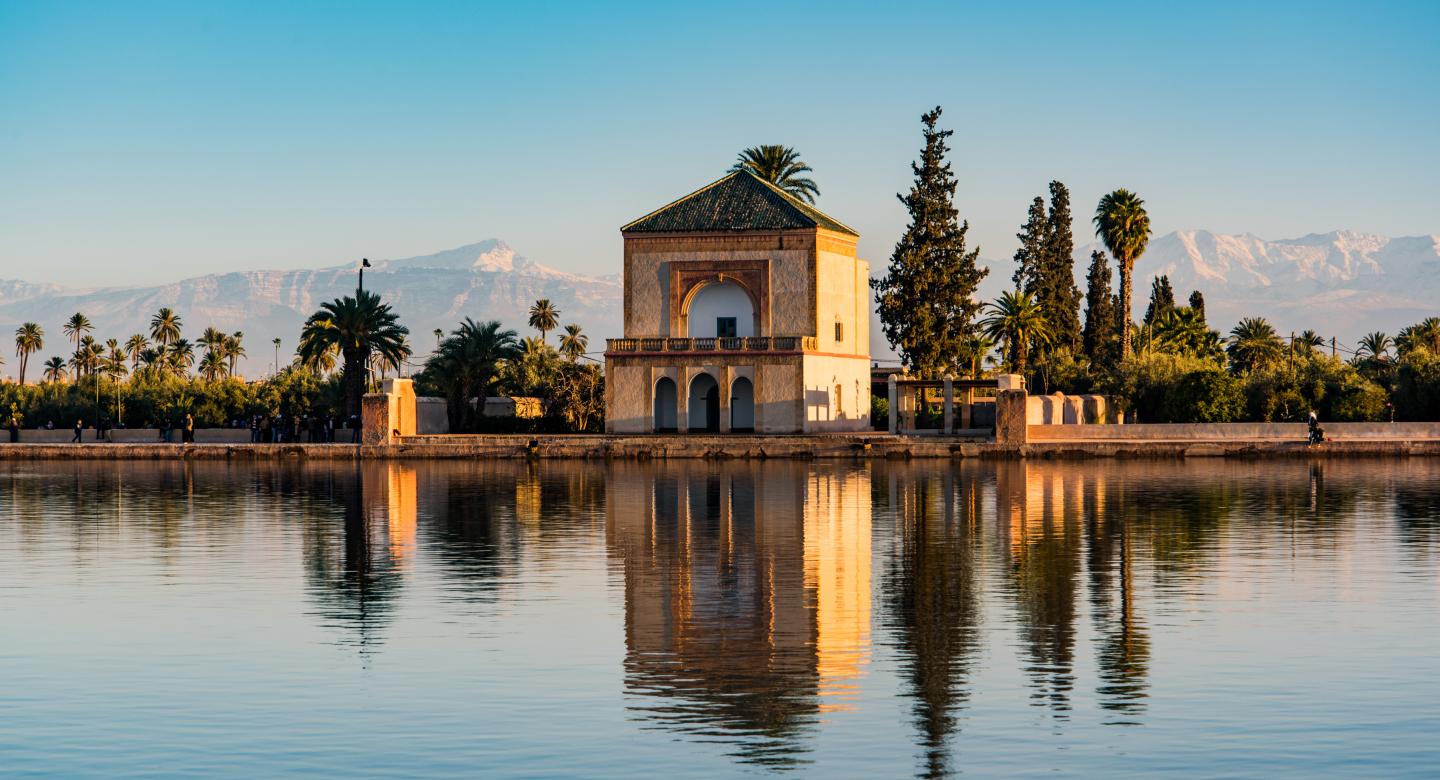 Saadian pavilion,Menara gardens and Atlas in Marrakech