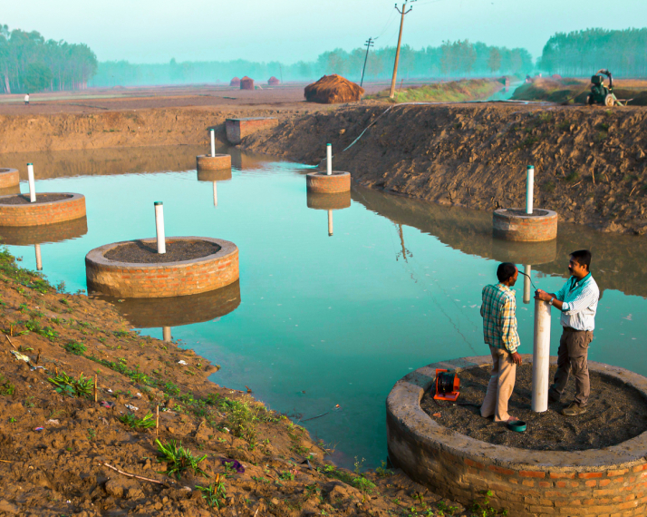 Pond created under the underground taming of floods for irrigation (UTFI) Photo: Prashanth Vishwanathan / IWMI