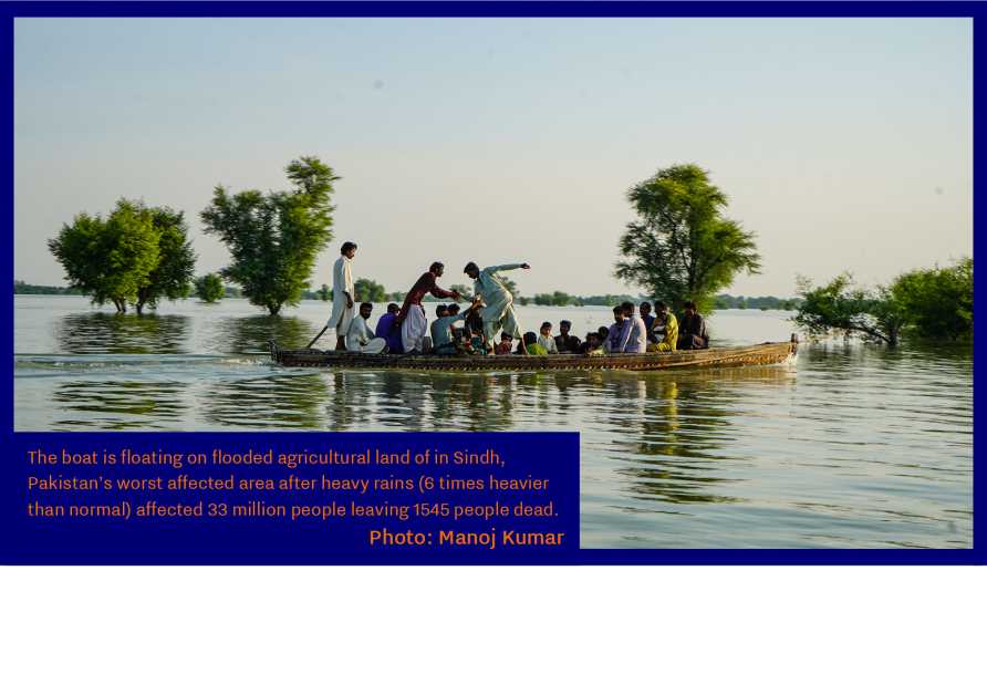 The boat is on flooded agricultural land in Sindh, Pakistan's worst hit area, affecting 33 million people leaving 1545 people dead. Photo: Manoj Kumar