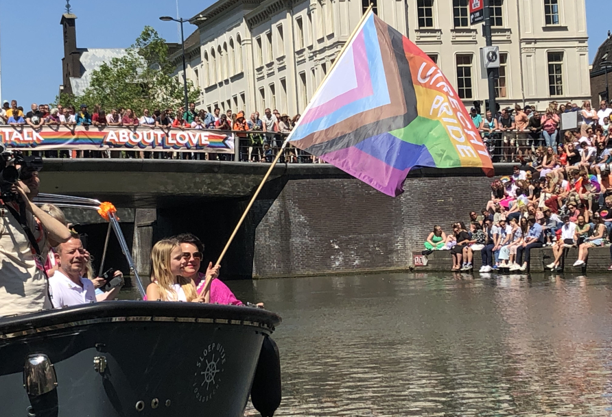 Mayor of Utrecht Sharon Dijksma waves Pride flag 