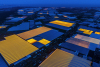 Greenhouses at night pictured from above